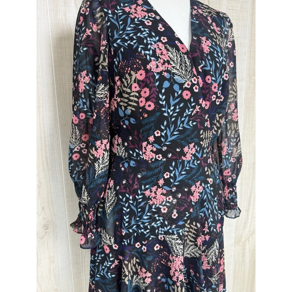 Eliza J Floral Midi Dress 8 Sheer Balloon Sleeve Ruffle Tiered Chiffon Lined